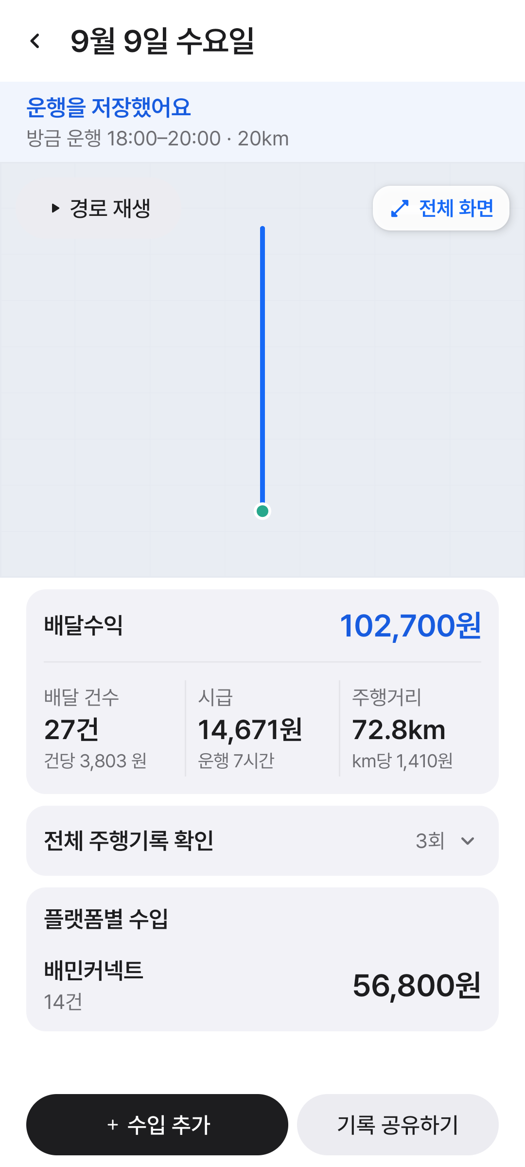 배달 기록 상세 화면: 주행 경로, 배달수익, 건수, 시급과 주행거리